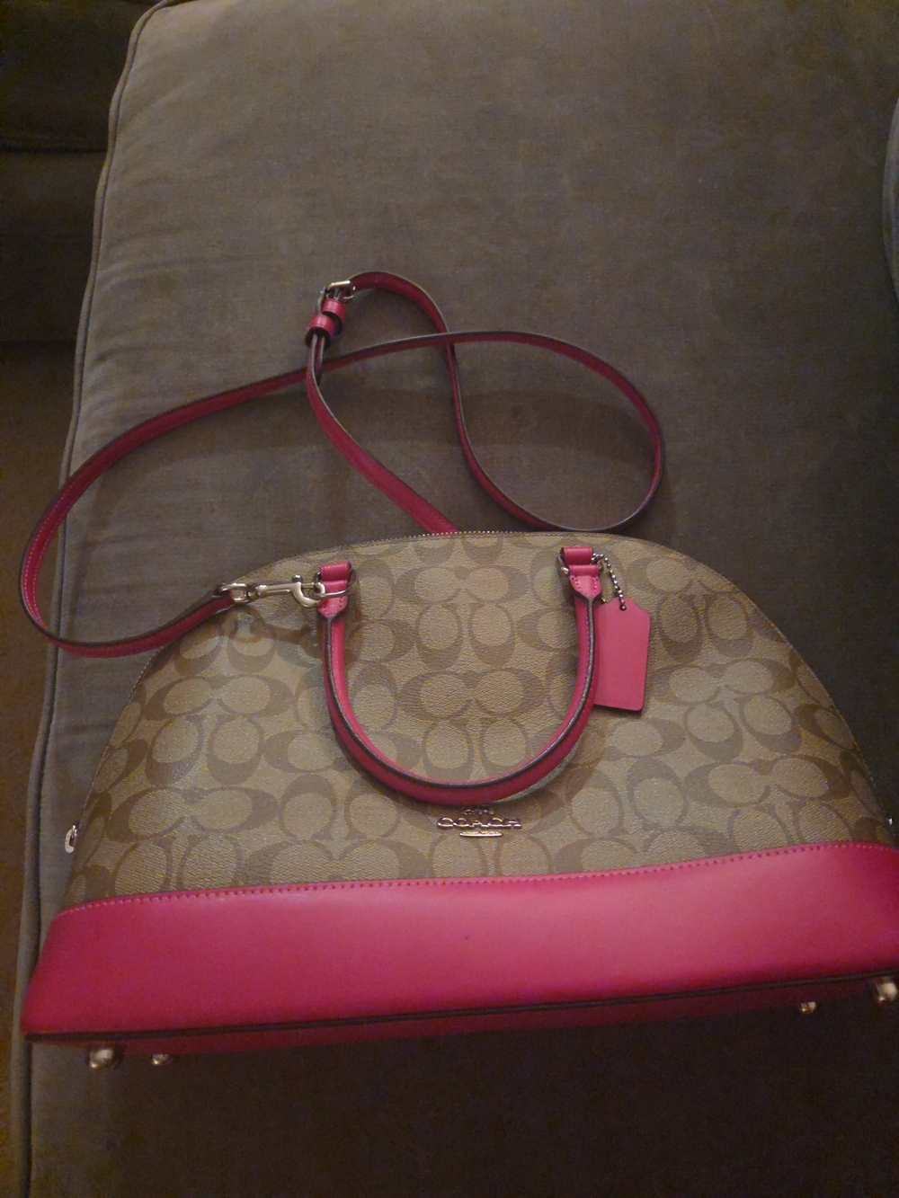 Coach Brown Signature Dome Satchel with Pink Trim